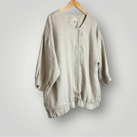 Eileen Fisher | Natural Twinkle Woven Linen Jacket Round Neck 3/4 Sleeve - Picture 3 of 10